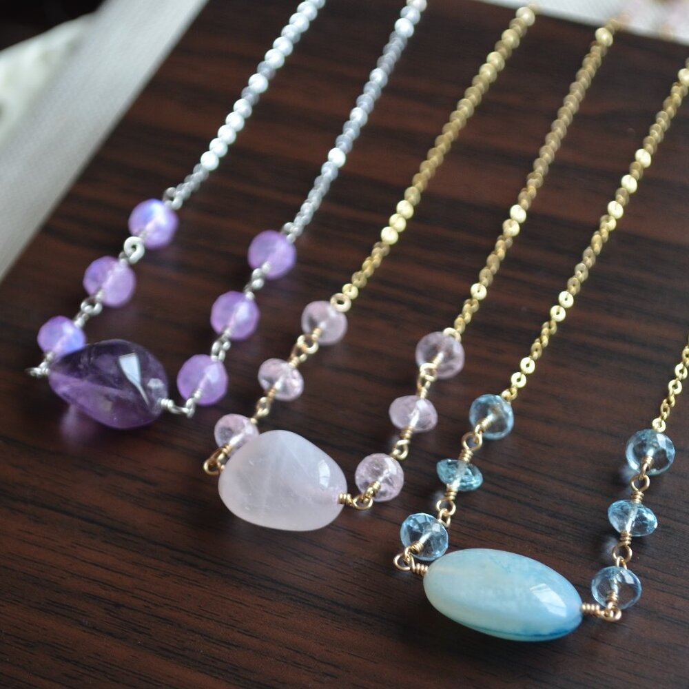 Blue Topaz Necklace with Smooth Agate Stone in Gold